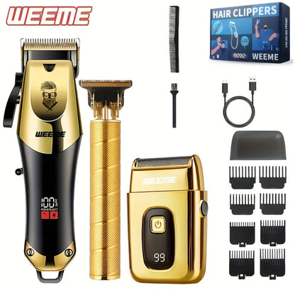 T-Blade Hair Clipper Set for Men - Golden Series USB Rechargeable Trimmer Kit with Guide Combs & Cleaning Brush, 1pc 2pcs 3pcs Options, Edge-Up Fade Beard Grooming, Gift for Men