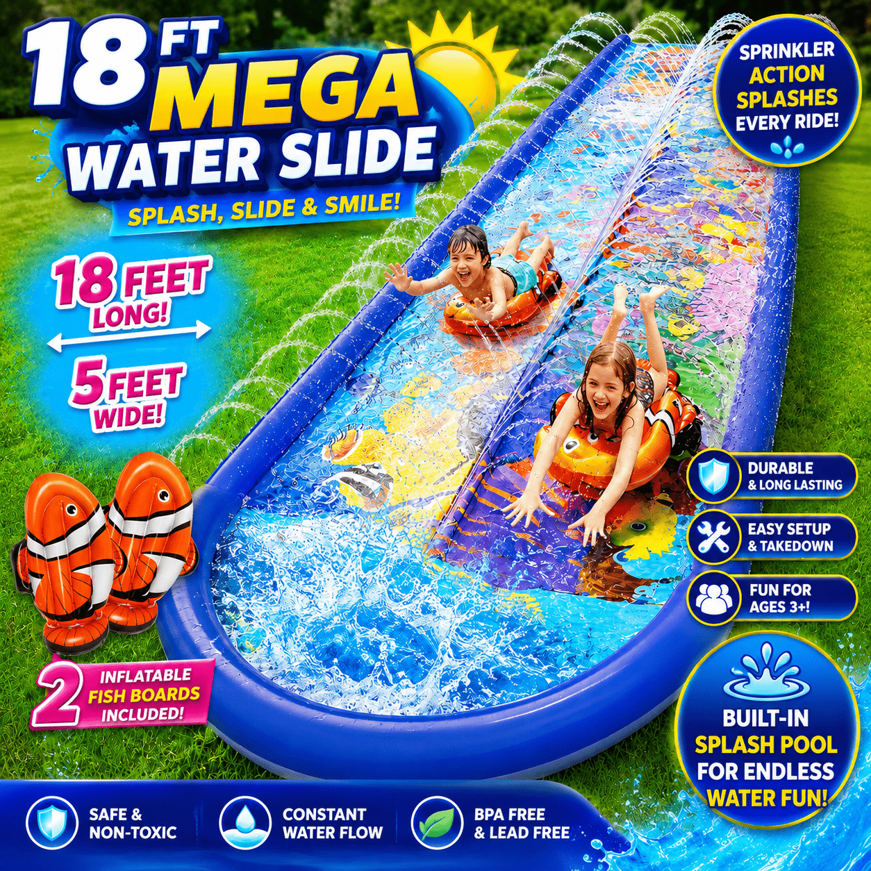 18FT Dual Lane Backyard Water Slide for Kids – Lawn Slip Slide with Built-In Sprinkler, Splash Pad Finish, 2 Inflatable Body Boards & 6 Ground Stakes | Sea Life Ocean Theme Outdoor Summer Toy