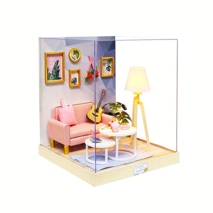 DIY Miniature Dollhouse Kit with Dust Cover Small – Mini House Model No Glue No Batteries, 4 Styles Tea Time Flavor Life Heartbeat Creativity World, Room Desk Decor Birthday Gift for Teens & Adults