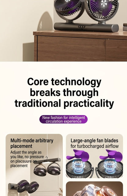 Double Head Air Circulation Fan USB Rechargeable | Desktop & Wall-Mounted 3-Speed Dual-Head Fan with Atmosphere Night Light, Multi-Angle Airflow for Camping, Home & Office – Grey & White