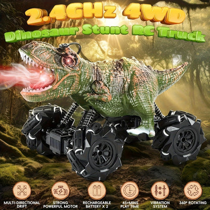 Spray Mist RC Monster Truck Dinosaur with Side-to-Side Drift LED Lights & Sound Effects – All-Terrain Stunt Remote Control Car for Kids Ages 6+ Birthday Easter Gift w/ or w/o Spray