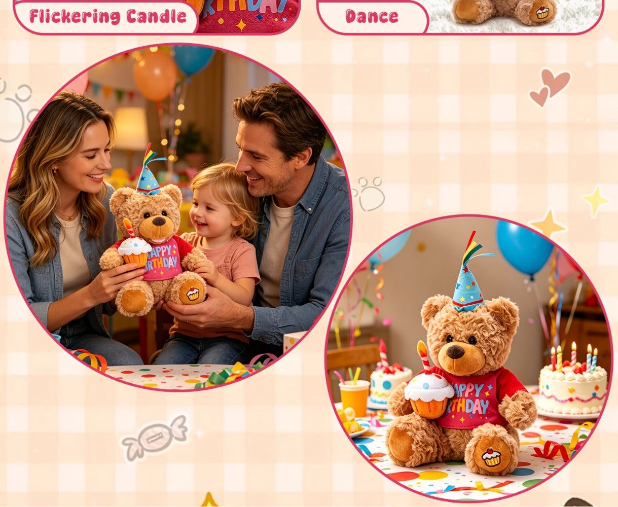 Singing Birthday Teddy Bear Plush Toy 13.5 Inch Interactive Stuffed Animal with Glowing Cupcake Candle Electric Music Bear Gift for Kids Girls Boys Baby Shower Christmas Holiday