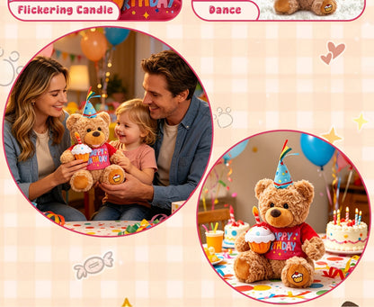 Singing Birthday Teddy Bear Plush Toy 13.5 Inch Interactive Stuffed Animal with Glowing Cupcake Candle Electric Music Bear Gift for Kids Girls Boys Baby Shower Christmas Holiday
