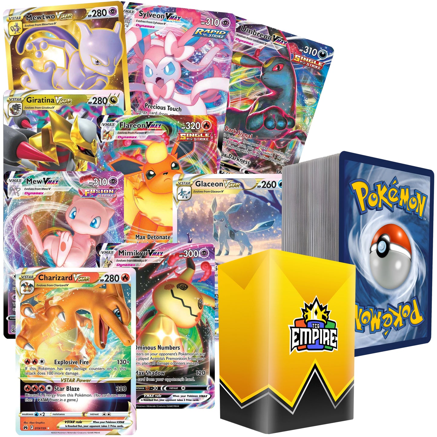 Pokemon VMAX VSTAR Bundle 100 Cards – 1 Guaranteed VMAX or VSTAR Hit + 10 Holos & Rares | TCG Empire Storage Box Included | Authentic Gift for Kids & Collectors