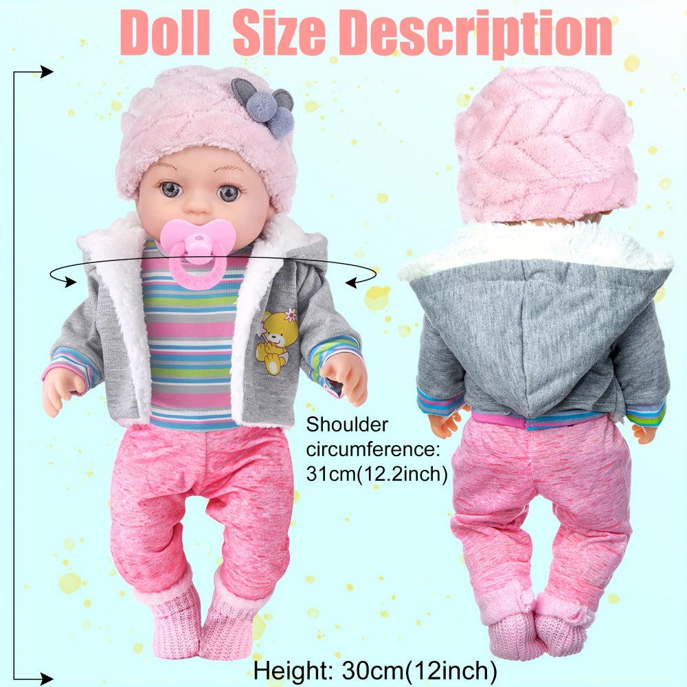 Baby Doll Playset 12 Inch with Clothes Accessories Complete Nurturing Toy Set Hat Coat Romper Tableware Feeding Bottle Pacifier Gift for Girls Toddlers Kids Ages 3+