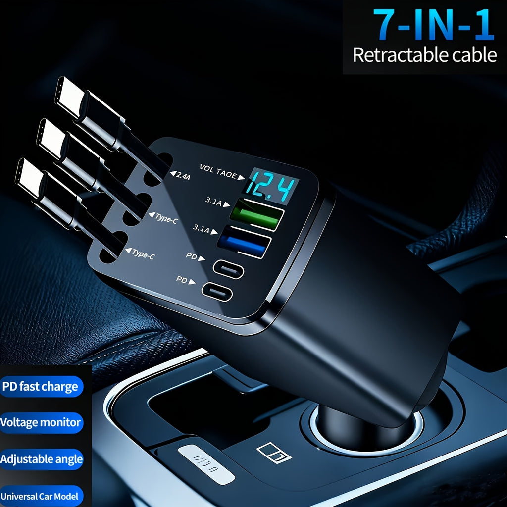 7-in-1 Car Fast Charging Mobile Phone Charger, Equipped With 3 Extendable Cables And Fast Charging Interface, Universal Plug, Easy To Operate, Supports 180 ° Free Adjustment Angle, And Is Equipped With LED Intelligent Digital Display Screen
