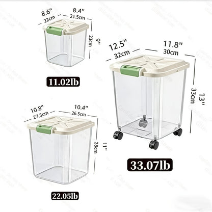 Pet Food Storage Container with Wheels – Lockable Lid Transparent Rolling Bin with Scoop for Dogs Cats & Birds, 11lb / 22lb / 33lb, Bonus Feeding Bowl Included