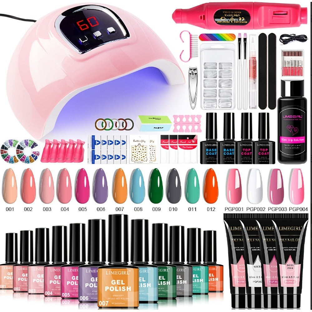 Gel Nail Polish Kit with UV Lamp & Electric Nail Drill - 12 Colors Gel Polish Set, Poly Extension Gel, Top & Base Coat, Glitter Nail Art Complete Starter Set for Home Salon, Beginner Gift
