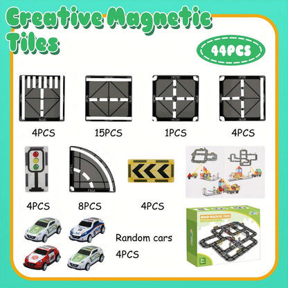 Magnetic Road Track Set 44 Pcs Kids Flexible Snap-Together Road Builder Tiles with Pull-Back Cars – STEM Construction Toy for Toddlers Boys Girls Ages 3+, Birthday Christmas Gift
