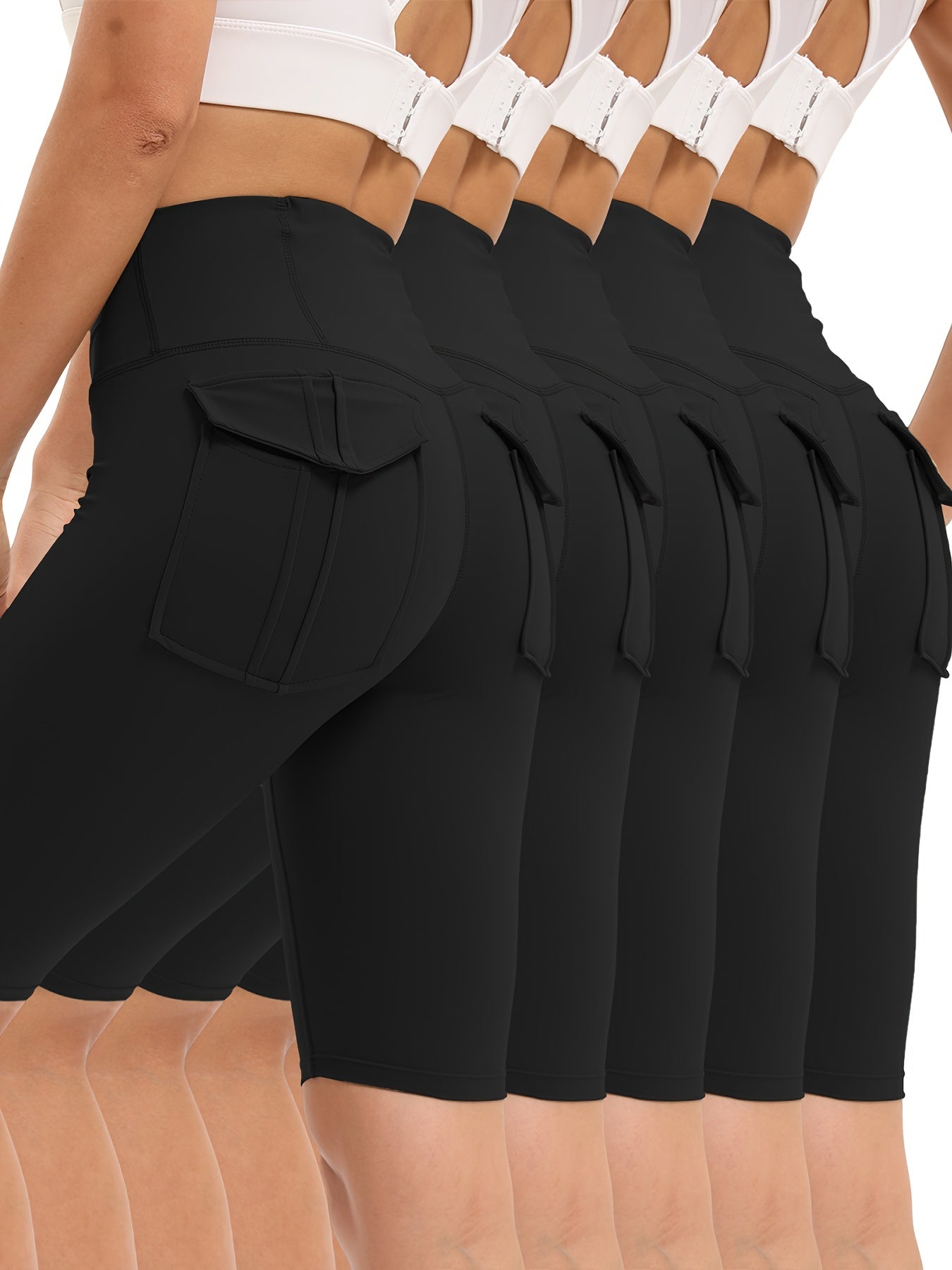 Women's 5Pcs 3black+Armygreen+Rose High-Waist Leggings - product view 16