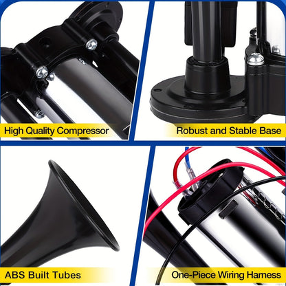 Dual Air Horn Kit 12V/24V 105-137dB with Air Compressor - Super Loud Aluminum Alloy Trumpet Horn for Truck, Train, SUV, Motorcycle, Car & Boat, Universal Electric Horn Easy Install