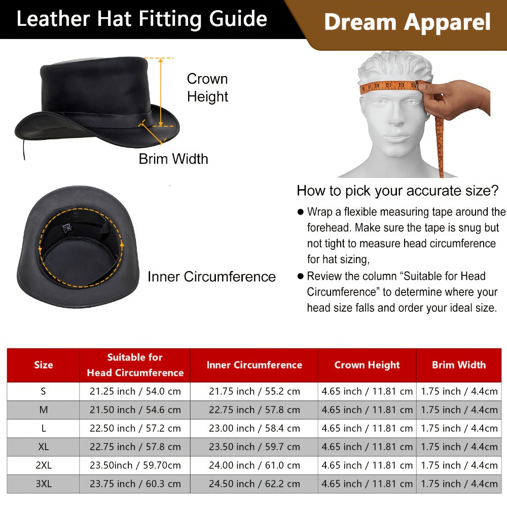 Genuine Leather Top Hat Steampunk Gentleman Shapeable Brim – Real Cowhide Low Crown Topper for Men & Women S-3XL, Halloween Costume Cosplay Motorcycle Riding Fashionable Dress Up Hat