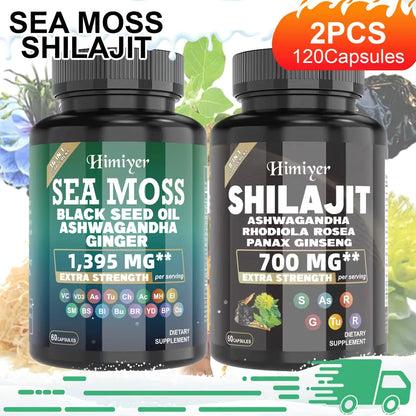 Sea Moss & Shilajit Capsules Bundle Set – Sports Nutrition Dual Formula for Energy, Bone Support, Relaxation & Focus – Super Golden Combination Daily Wellness Supplement for Men & Women