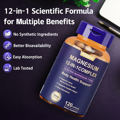 Magnesium Glycinate 700mg 12-in-1 Complex Capsules with Citrate Malate Taurate Carbonate & Oxide — Bone Density Heart Health Deep Sleep Muscle Relaxation & Stress Relief — Gluten-Free 120 Capsules 120-Day Supply