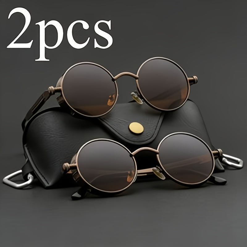 Retro Round Metal Frame Glasses with Spring Hinges Brown Decorative Lenses Lightweight Durable Vintage Circle Eyewear for Men Women Casual Formal Daily Wear
