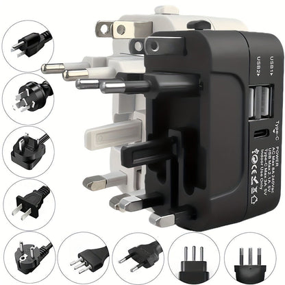 Universal Travel Adapter with Surge Protection - 2 USB & Type-C Ports, All-in-One International Plug for 350+ Countries, 100-240V Input, Fast Charging, Compact Lightweight Design, White & Black