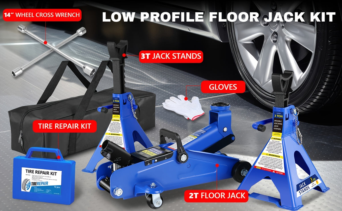 3.5T 2.5T 2T Optional Steel Floor Jack Quick Rise Piston Pump Low Profile, Hydraulic Trolley Car Jack with 2 Ratchet 3 Ton Jack Stands, Truck Jack Combo, Service Jack, Farm Jack Tire Repair