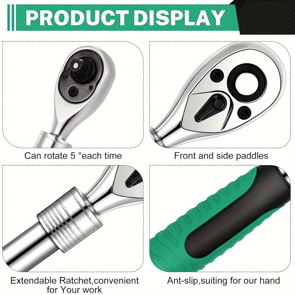 Ratchet Wrench Set 3-Piece - 1/4 3/8 1/2 Inch Drive Extendable Socket Wrench, 72-Tooth Quick-Release Reversible Gear, Soft Grip Handle, Torque Spanner for Automotive Repair, Mechanics & DIY