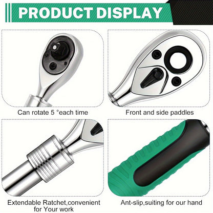 Ratchet Wrench Set 3-Piece - 1/4 3/8 1/2 Inch Drive Extendable Socket Wrench, 72-Tooth Quick-Release Reversible Gear, Soft Grip Handle, Torque Spanner for Automotive Repair, Mechanics & DIY