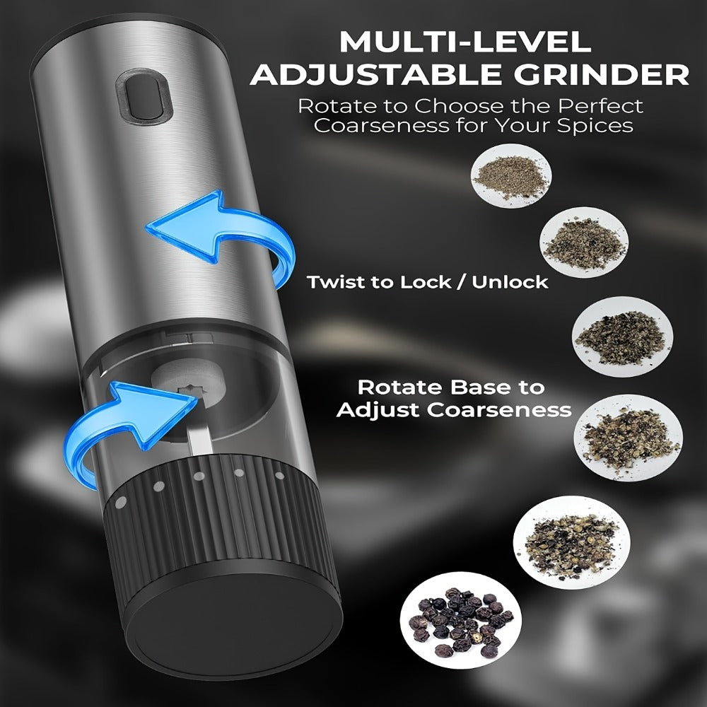 Electric Pepper Grinder USB-C Rechargeable – 5-Level Adjustable Coarseness, One-Hand Operation, Stainless Steel Pepper Mill with Ceramic Core for Kitchen Cooking, Outdoor BBQ & Grilling
