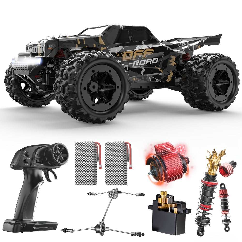 DEERC All-Metal 42KM/H RC Truck 1/16 Scale 4WD Off-Road Monster Truck Dual 1500mAh Batteries 40-Min Runtime LED Headlights Wheelie Bar – High Speed Remote Control Car for Adults Hobbyists Black