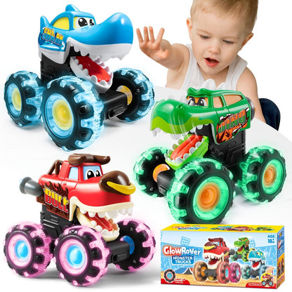 Monster Truck Toys for Toddlers 3-Pack LED Light Up Wheels Press & Go Animal Trucks Shark Bull Dinosaur – Glow Push Car Toy for Kids Ages 1-5 Birthday Easter Christmas Gift Boys Girls