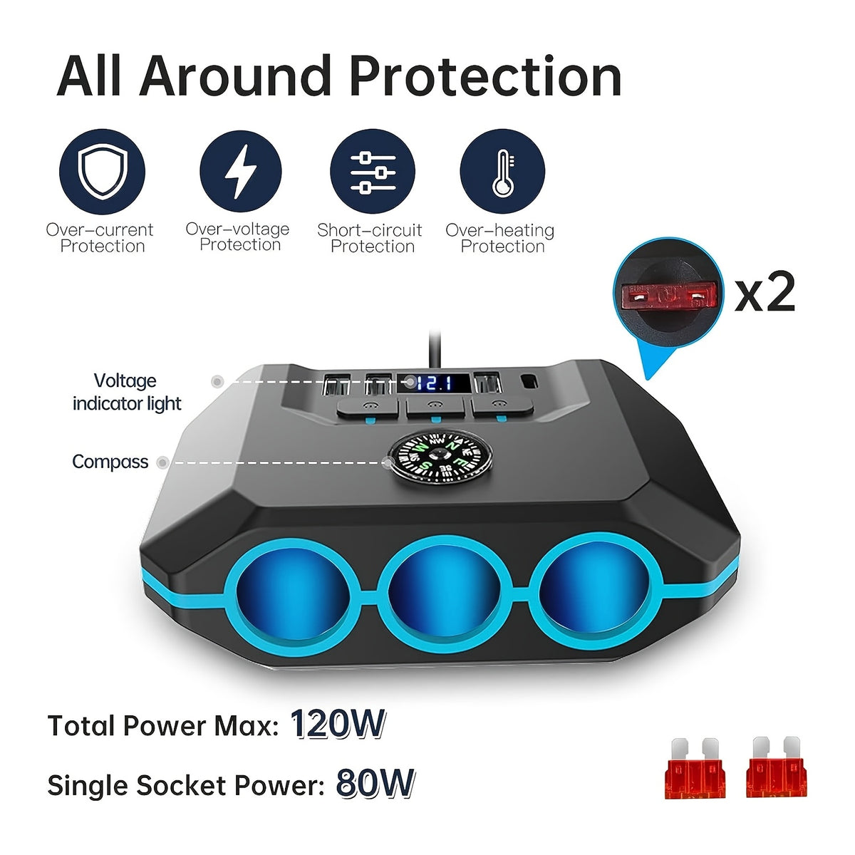 7-in-1 120W Car Charger Adapter, 3-Socket Auto Power Outlet Splitter with Built-In Compass, Type-C PD & 3 USB Fast Charging Ports, Real-Time LED Voltmeter, Independent Switches for 12V-24V Vehicles By AXVIV