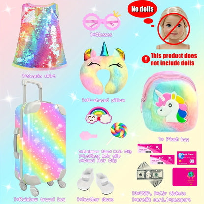 18 Inch Doll Travel Accessories Set 24 Pcs – Suitcase Dress Handbag Shoes Glasses Passport Bank Card Tickets Hairbands & U-Pillow, Fits American Girl Dolls School Adventure Gift for Girls Ages 3+ No Doll
