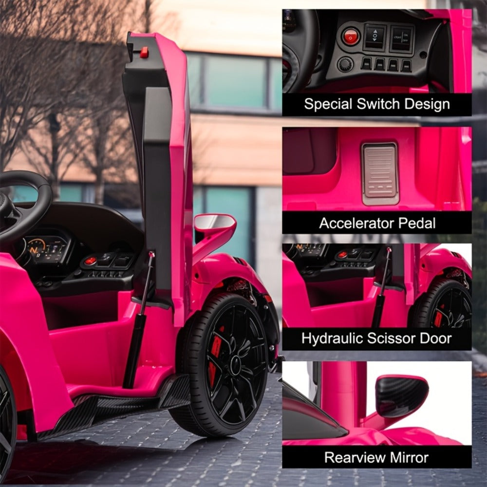 12V Kids Ride On Car Electric Vehicle with Hydraulic Doors Remote Control LED Lights MP3 Player 3 Speeds Smooth Start Birthday Christmas Gift Boys Girls