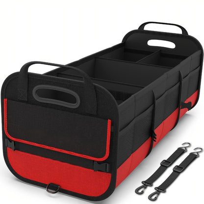 Foldable Car Trunk Organizer 95L – 4-Compartment Storage Box with 2 Retractable Straps, Collapsible Cargo Bin for SUV Truck Minivan – Travel Camping Shopping