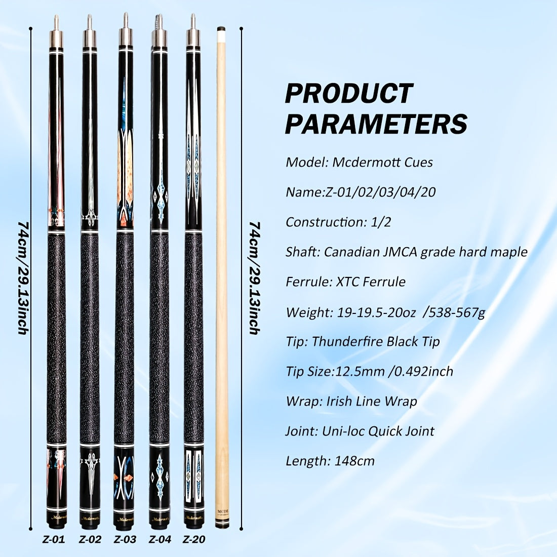 2-Piece Pool Cue 58 Inch – Grade A Canadian Maple, 12.5mm Low Deflection Shaft, Multi-Layer Leather Tip, Irish Linen Wrap – Professional Billiard Stick for Players