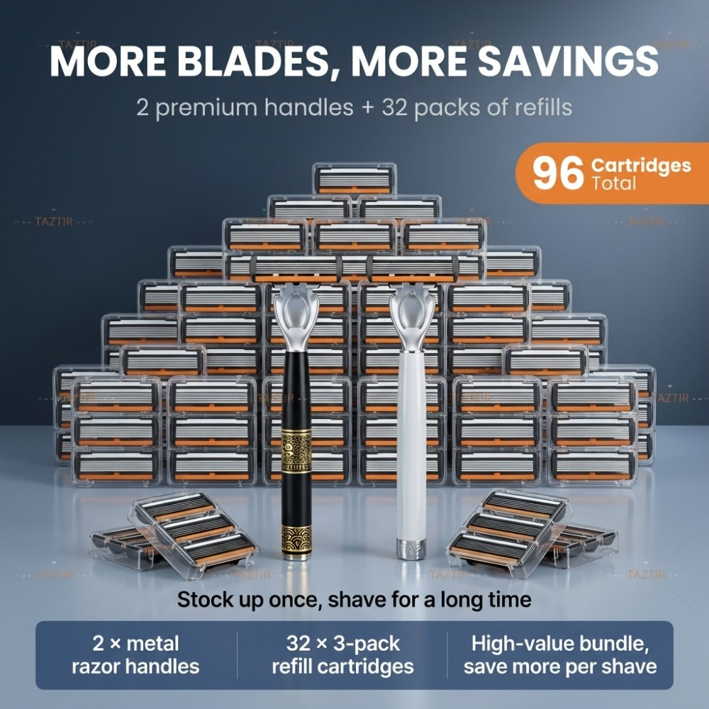 Luxury Men's Razor Set 6-Layer Blades — 2 Ergonomic Anti-Slip Handles & 72 Replaceable Blades, Precision Manual Shaving Kit, Christmas & Valentine's Day Gift for Men