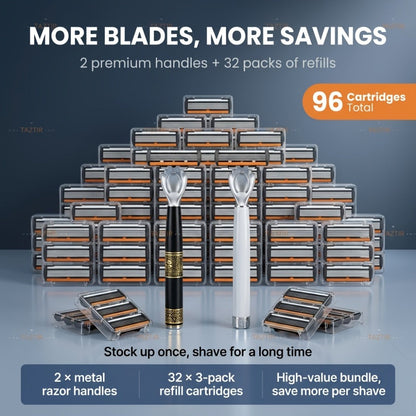 Luxury Men's Razor Set 6-Layer Blades — 2 Ergonomic Anti-Slip Handles & 72 Replaceable Blades, Precision Manual Shaving Kit, Christmas & Valentine's Day Gift for Men