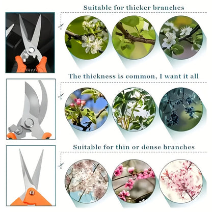 Gardening Pruning Tool Set 8 Piece Stainless Steel | Pruning Shears Scissors Pliers Ergonomic Handle with Wiping Cloth | Lawn Tree Garden Care Kit Orange Yellow Green