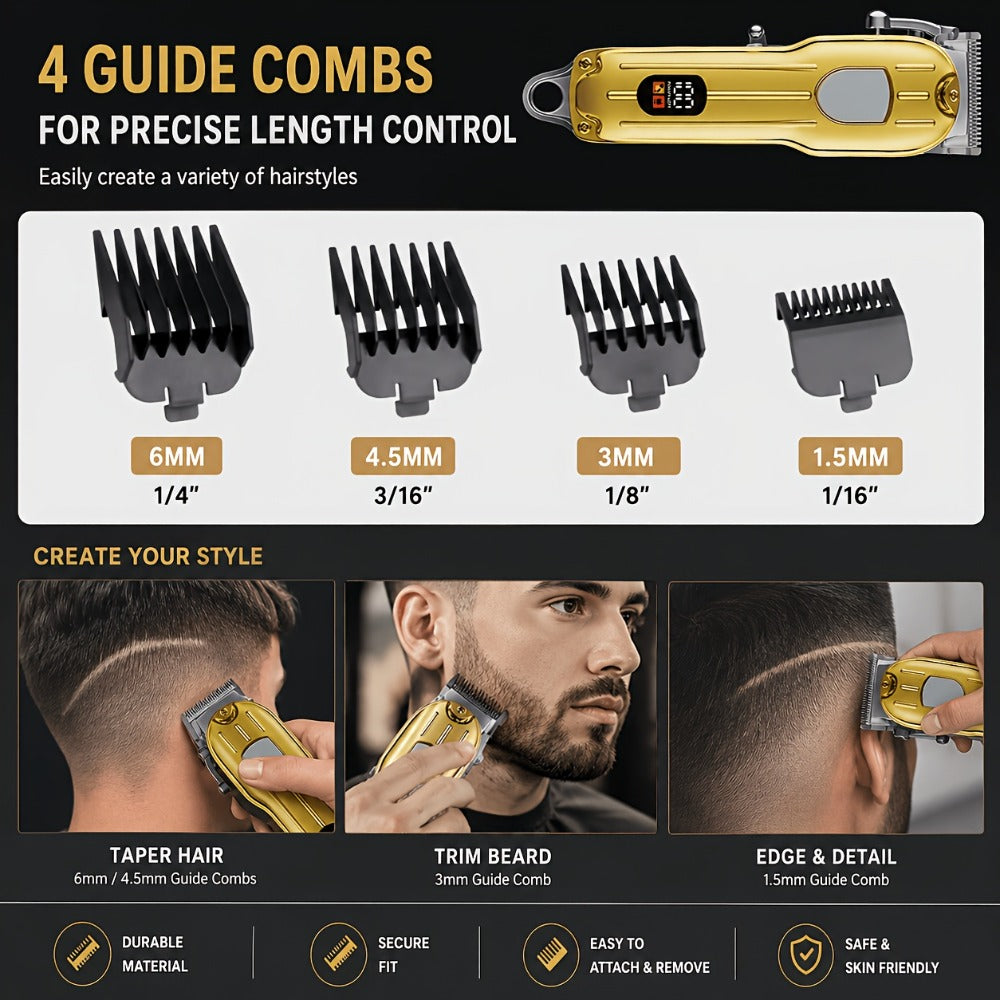Barber Hair Clipper Kit for Men — USB Rechargeable Digital Size Adjustment, Complete Set with Scissors & 4 Limit Combs, Professional Home Barbering Grooming Set, Gift for Dad & Husband