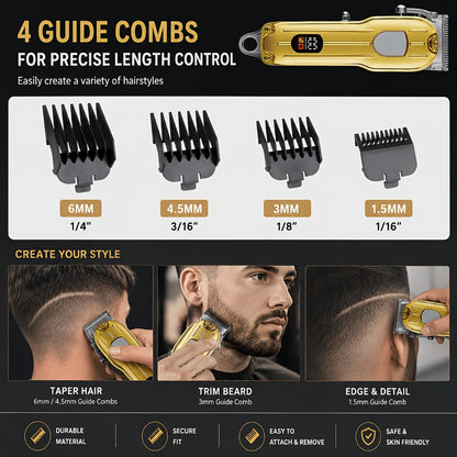 Barber Hair Clipper Kit for Men — USB Rechargeable Digital Size Adjustment, Complete Set with Scissors & 4 Limit Combs, Professional Home Barbering Grooming Set, Gift for Dad & Husband