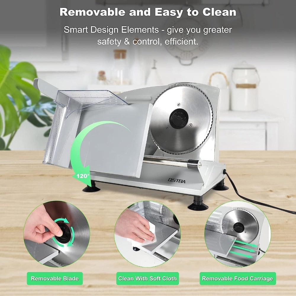 Electric Meat Slicer for Home Use – Deli Food Slicer with 2 Removable Stainless Steel Blades, Adjustable Thickness, Food Carriage for Meat, Cheese & Bread