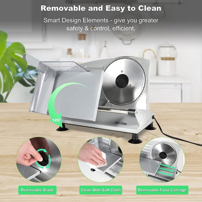 Electric Meat Slicer for Home Use – Deli Food Slicer with 2 Removable Stainless Steel Blades, Adjustable Thickness, Food Carriage for Meat, Cheese & Bread