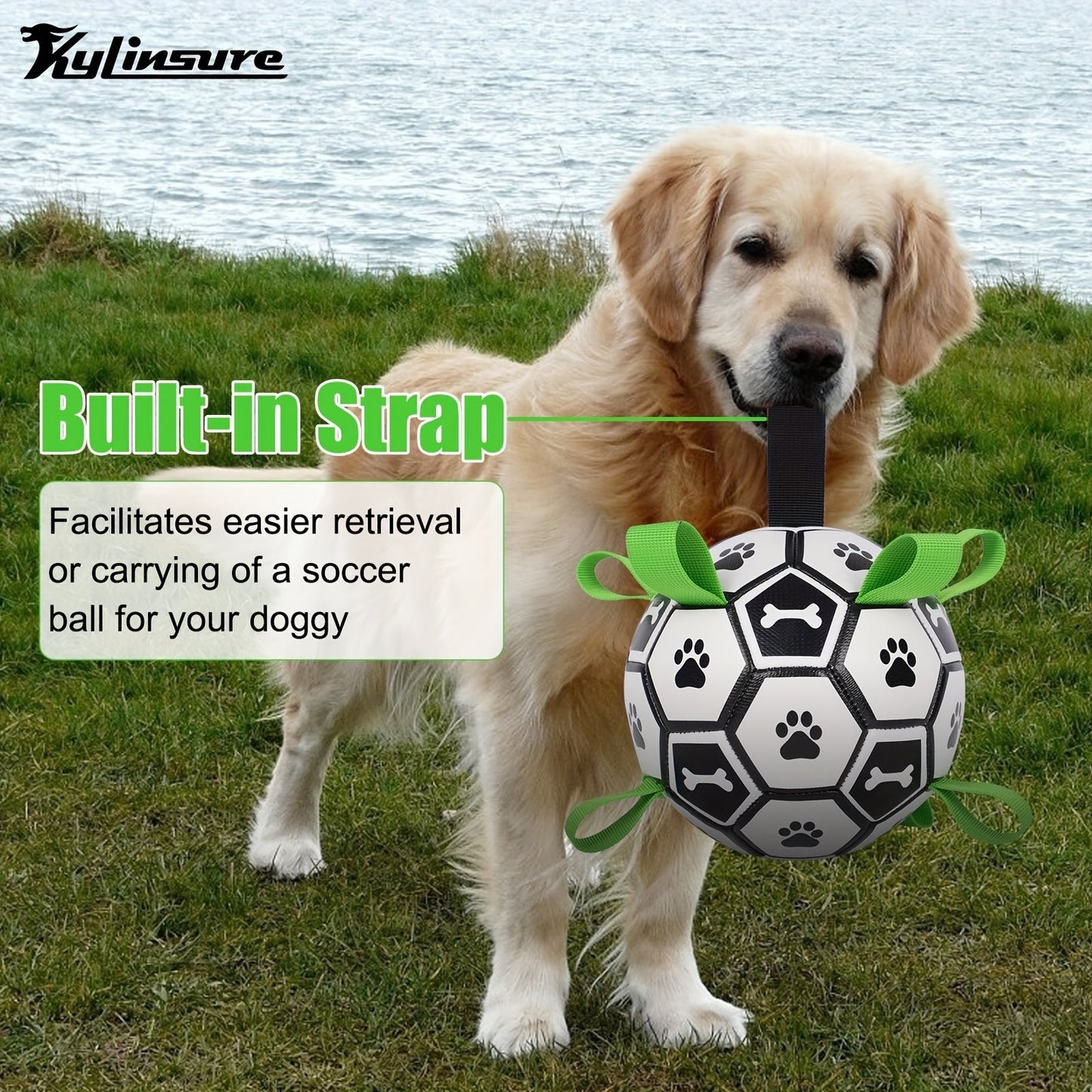 Soccer Ball Dog Toy with Straps - Interactive Tug of War Ball for Dogs, Durable Outdoor Water Toy for Small Medium Dogs, Includes Charging Cylinder, Great Dog Birthday Gift