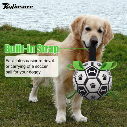 Soccer Ball Dog Toy with Straps - Interactive Tug of War Ball for Dogs, Durable Outdoor Water Toy for Small Medium Dogs, Includes Charging Cylinder, Great Dog Birthday Gift