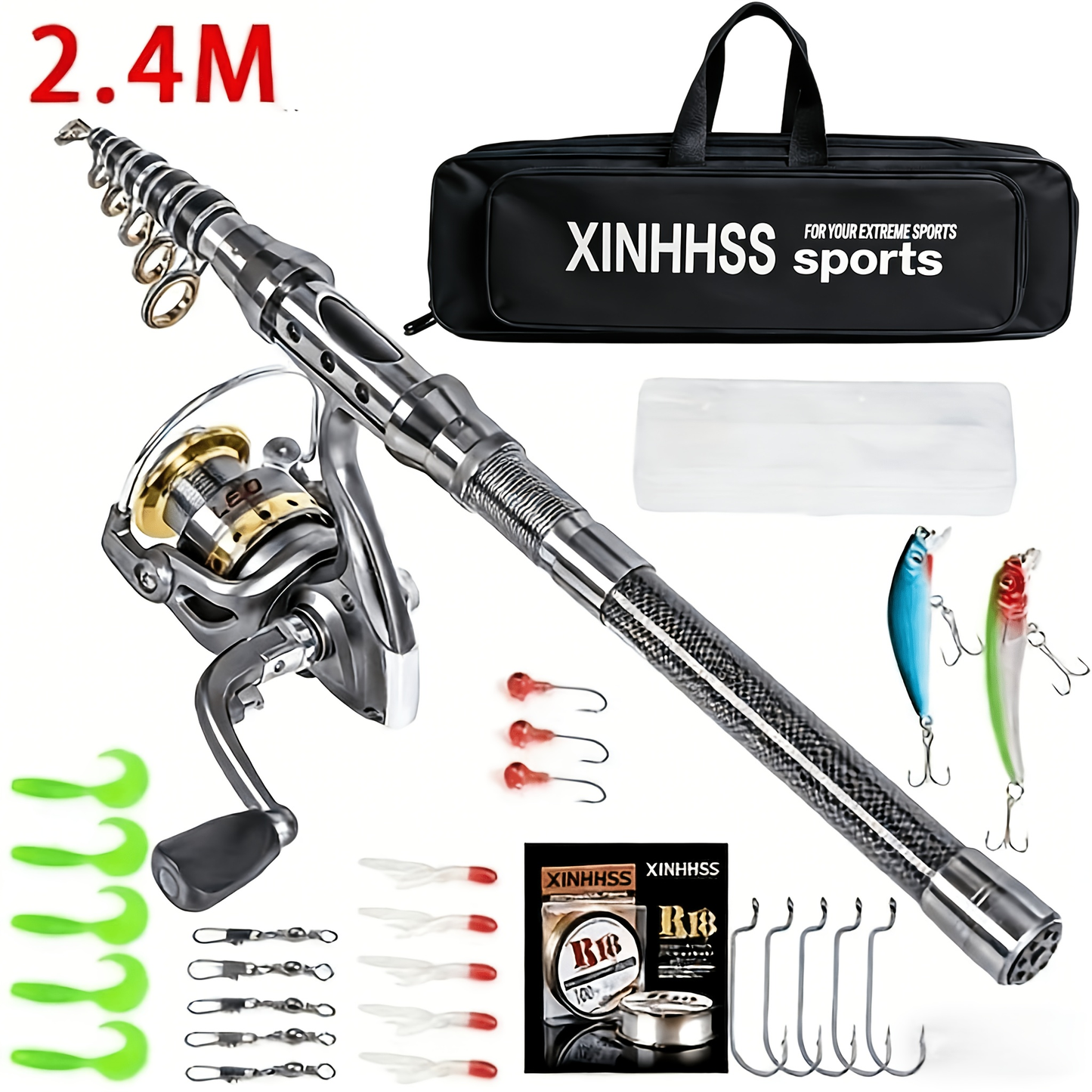 Telescopic Fishing Rod & Reel Combo – Carbon Fiber Collapsible Fishing Pole Full Kit with Carrier Bag for Travel Saltwater Freshwater Fishing, 6.89ft & 7.87ft, Silver & Gold