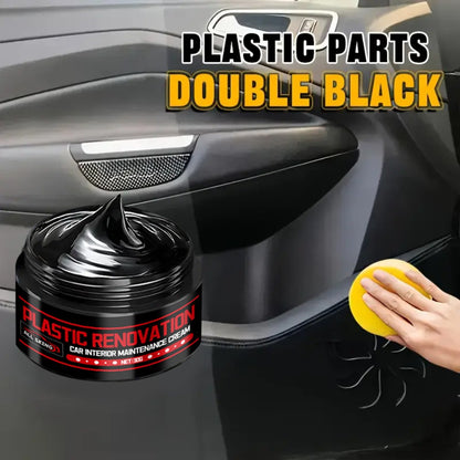 Car Plastic Restorer & Black Interior Trim Polish - Scratch Repair Paste, Anti-Aging Refurbishment Wax for Dashboard, Bumper, Tire Shine & Leather Seat Care, Works on All Car Interiors & Exteriors (30g + Sponge)