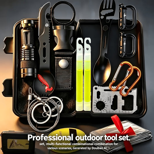 Outdoor Camping Emergency Survival Kit Black Box | Portable Camping Gear Essentials Set | Wilderness Survival Tools Gift for Men Who Love Outdoor Exploration & Adventure