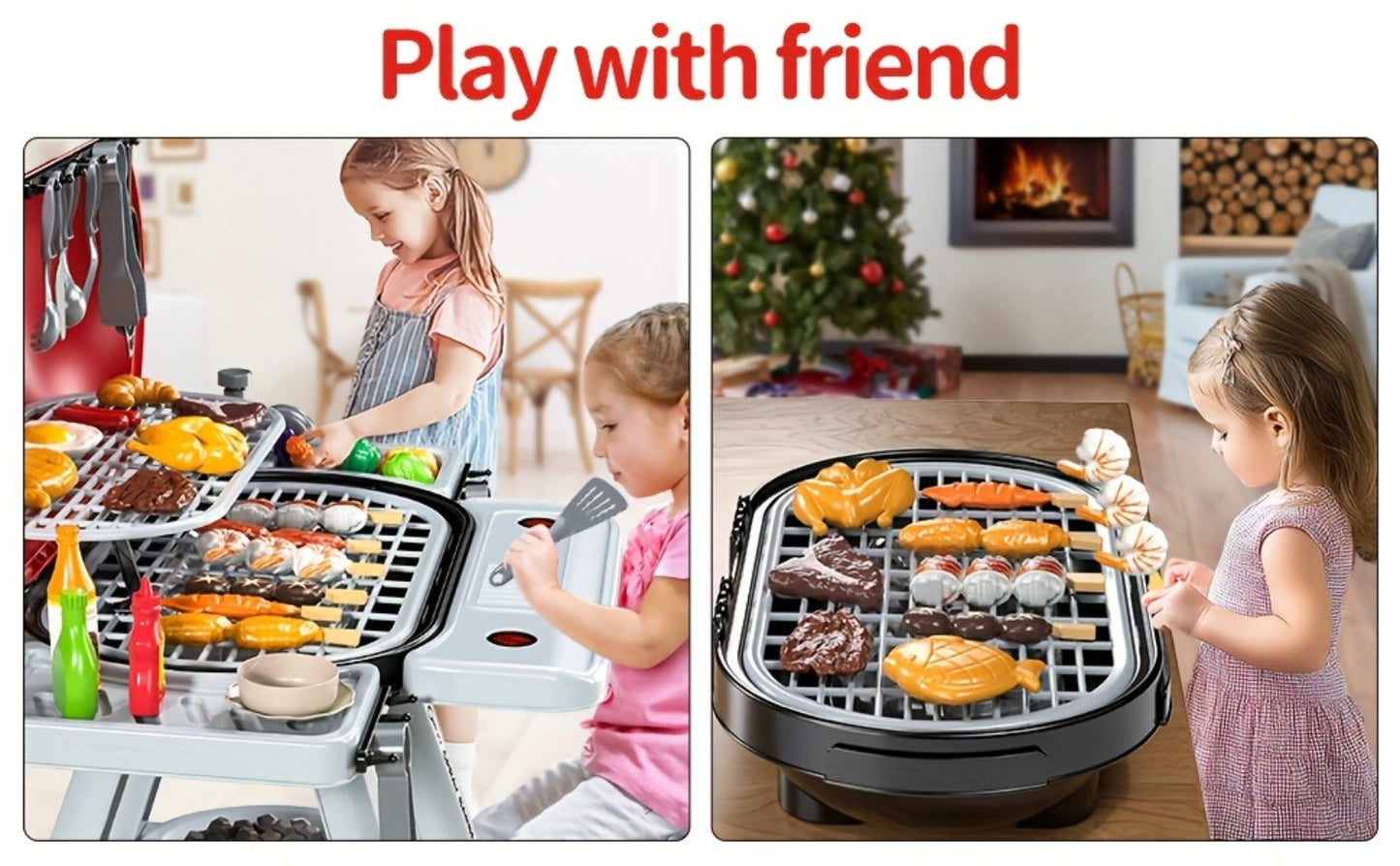 Kids BBQ Grill Playset Two-Tier with Toy Food Meats Fruits Spices & Working Water Tap – Pretend Play Outdoor Cooking Toy for Girls Boys Ages 3+ | Best Birthday Christmas Gift