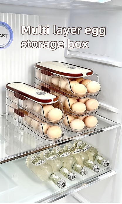 Egg Organizer for Refrigerator, Multi-Layer Auto-Rolling Egg Rack with Large Capacity – Space-Saving Egg Storage Dispenser for Fridge, Cabinet & Countertop, Ideal for Busy Families
