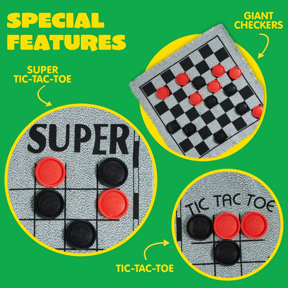 Giant Checkers Game 3-in-1 Set with Tic Tac Toe Reversible Mat 24 Oversized Pieces – Indoor Outdoor Family Board Game for Kids Adults, Lawn BBQ Camping Birthday Gift