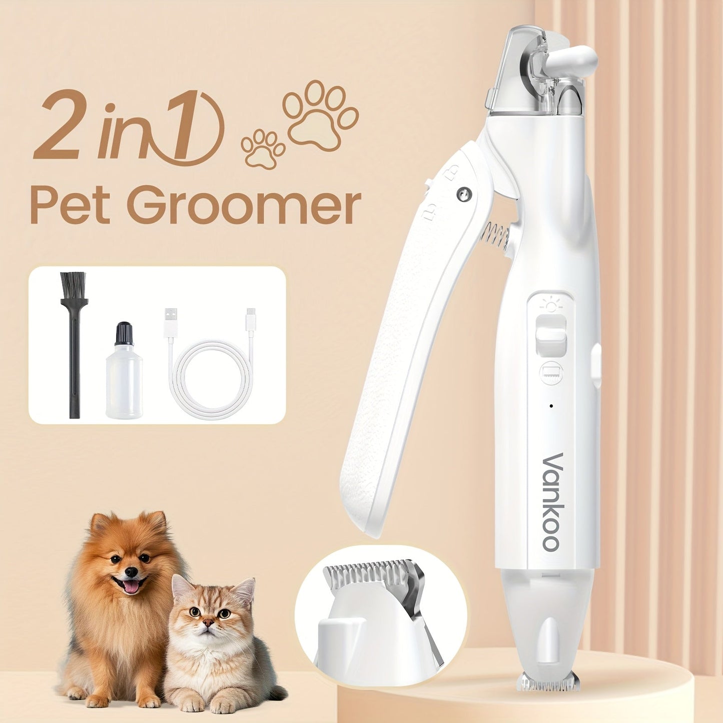 2-in-1 Pet Grooming Clipper with LED Light – Rechargeable Nail Cutter & Paw Hair Trimmer for Dogs & Cats | Precision Trimming for Paws, Face, Ears & Rump | Safe, Quiet & Cordless | White