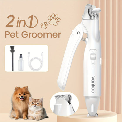 2-in-1 Pet Grooming Clipper with LED Light – Rechargeable Nail Cutter & Paw Hair Trimmer for Dogs & Cats | Precision Trimming for Paws, Face, Ears & Rump | Safe, Quiet & Cordless | White