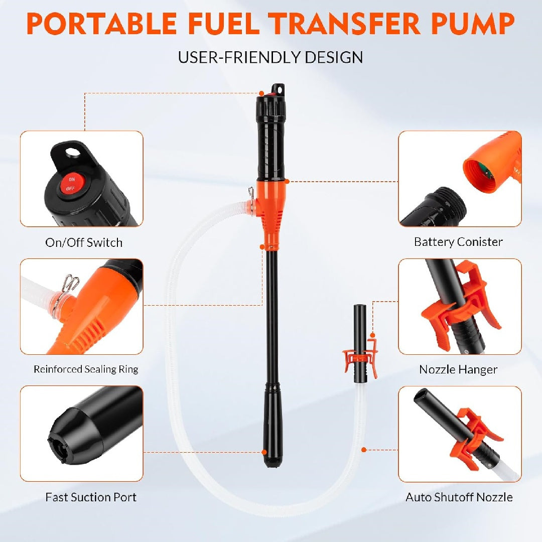 Portable Transfer Pump Battery Operated Electric Siphon Pump for Gas, Fuel, Diesel Transfer 2.6 GPM Flow Oil Extractor -Easy to Use Hand Fuel Pump, Multi-Use Siphon Fuel Transfer Pump