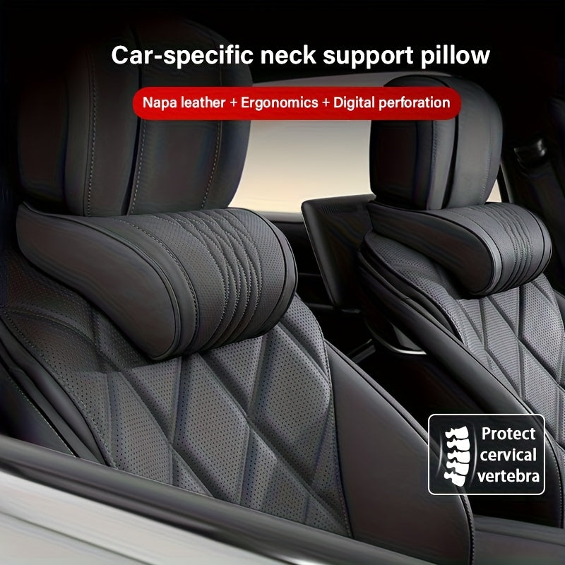 Luxury Car Neck Pillow, Napa Leather Headrest, Seat Cushion, Neck Support Pillow, Car Seat Cushion, Comfortable And Breathable, Lumbar And Neck Support, Exquisite Embroidery, Suitable for All Seasons, Car Interior Decorative Additions